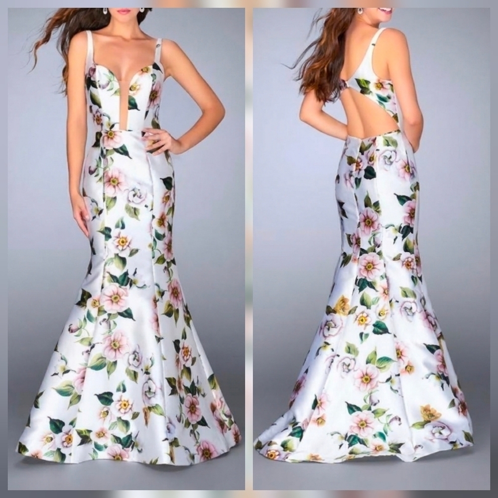 STUNNING LA FEMME White Floral Mikado Mermaid Gown Plunging Neck Open Back sz 0